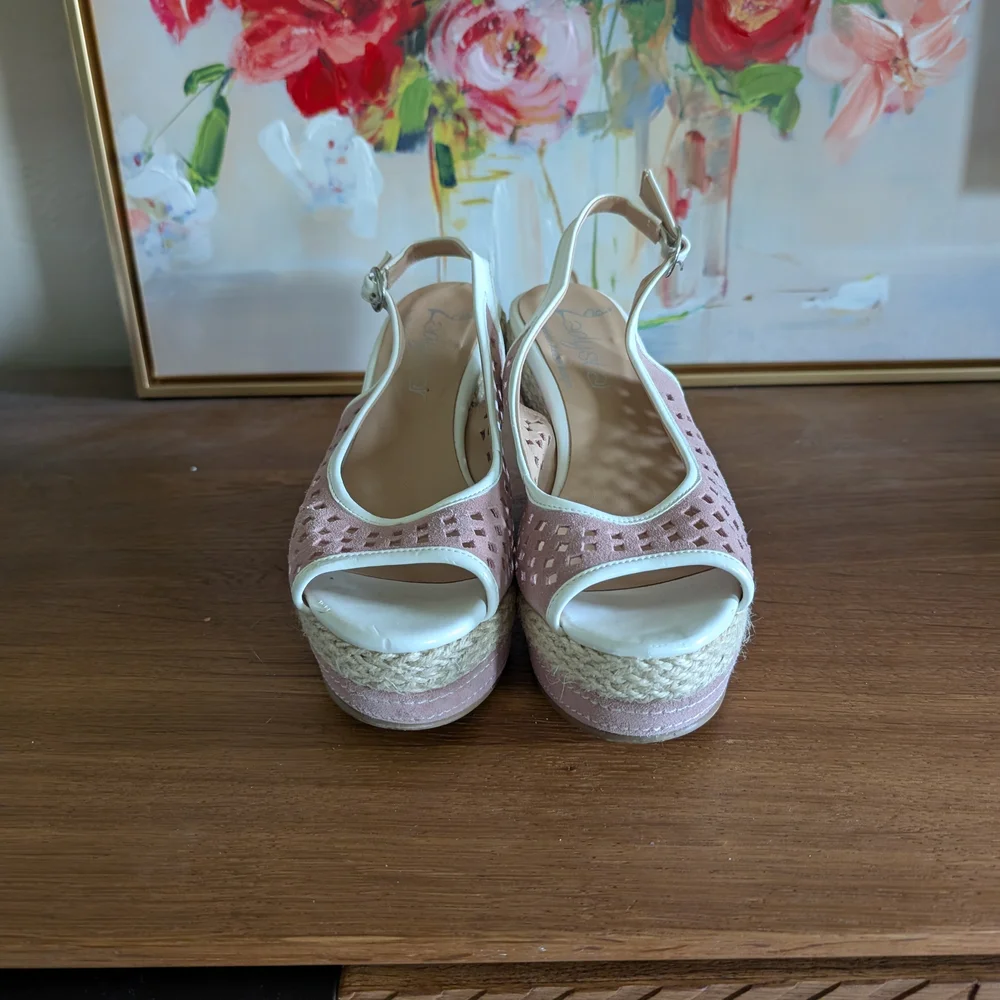New Pink Leather d White Wedge Shoes - Picture 2 of 6